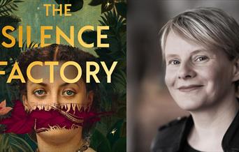 Author Bridget Collins next to the cover of her new book, The Silence Factory.