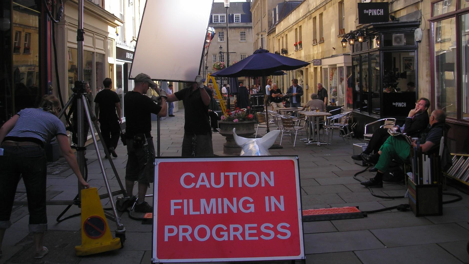 Sign reads - Caution Filming in Progress