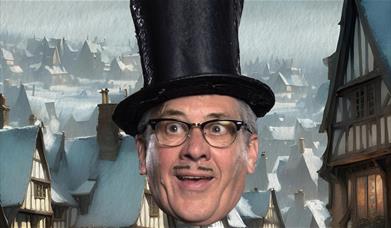 Headshot of a man wearing a top hat superimposed onto a backdrop of a snow-covered 18th century town