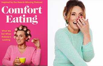 The cover of Grace Dent's new book Comfort Eating, alongside a photo of Grace laughing in a blue jumper.
