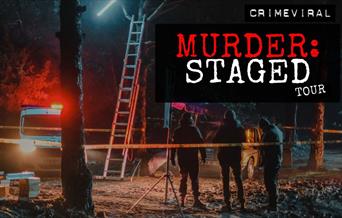 A crime scene. In the upper right hand corner there is text  'Murder: Staged.