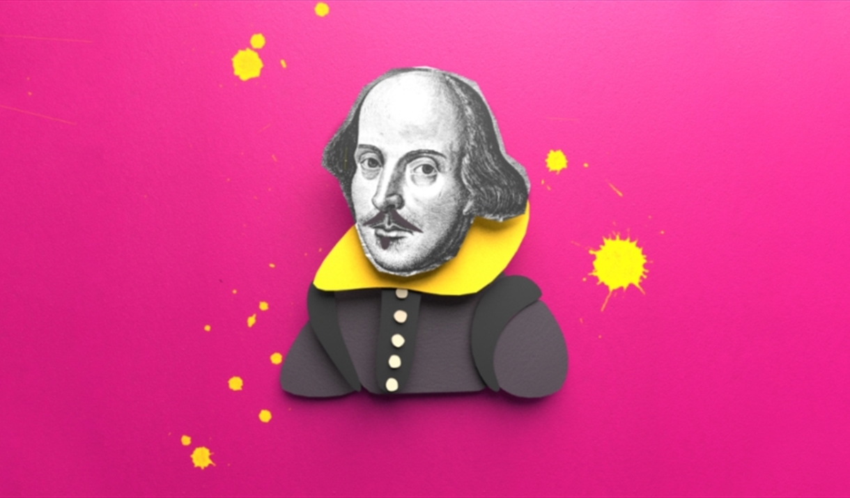 A black and white image of Shakespeare's face sits on a bright pink background, surrounded by bright yellow splodges of paint.