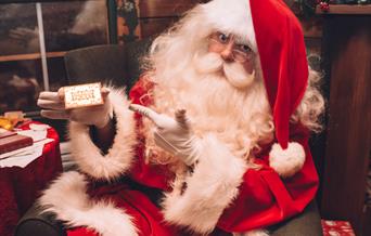 Father Christmas is dressed in his finest plush velvet red and white suit. He is looking at the camera and holding a golden ticket.