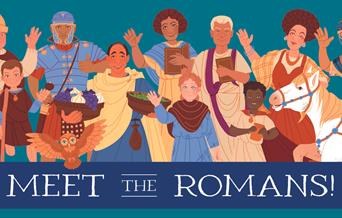 A poster advertising a 'Meet the Romans' trail at The Roman Baths
