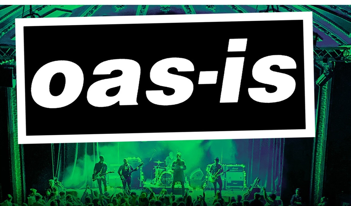 In the foreground is a black box with white border. These is a white text: oas-is. the the background is a green hued picture of the band playing in K