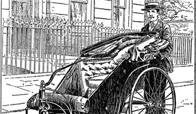 A drawing of a man riding on an old-fashioned cart, wearing a hat