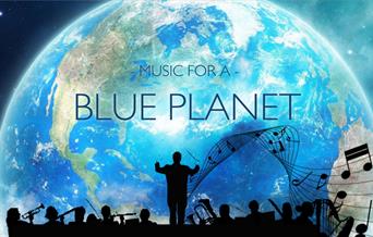 An image of Earth from space, with a silhouette of an orchestra and the text 'Music for a Blue Planet' in the foreground
