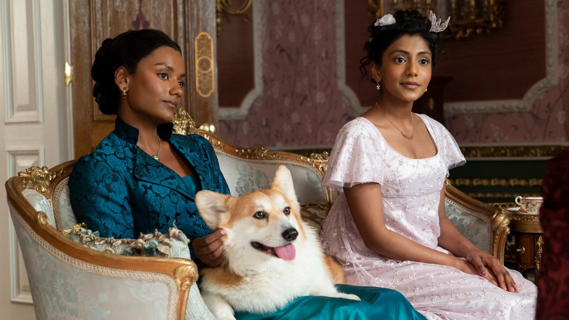 Bridgerton Series 2 - Two women sitting with corgi Photo copyright Netflix