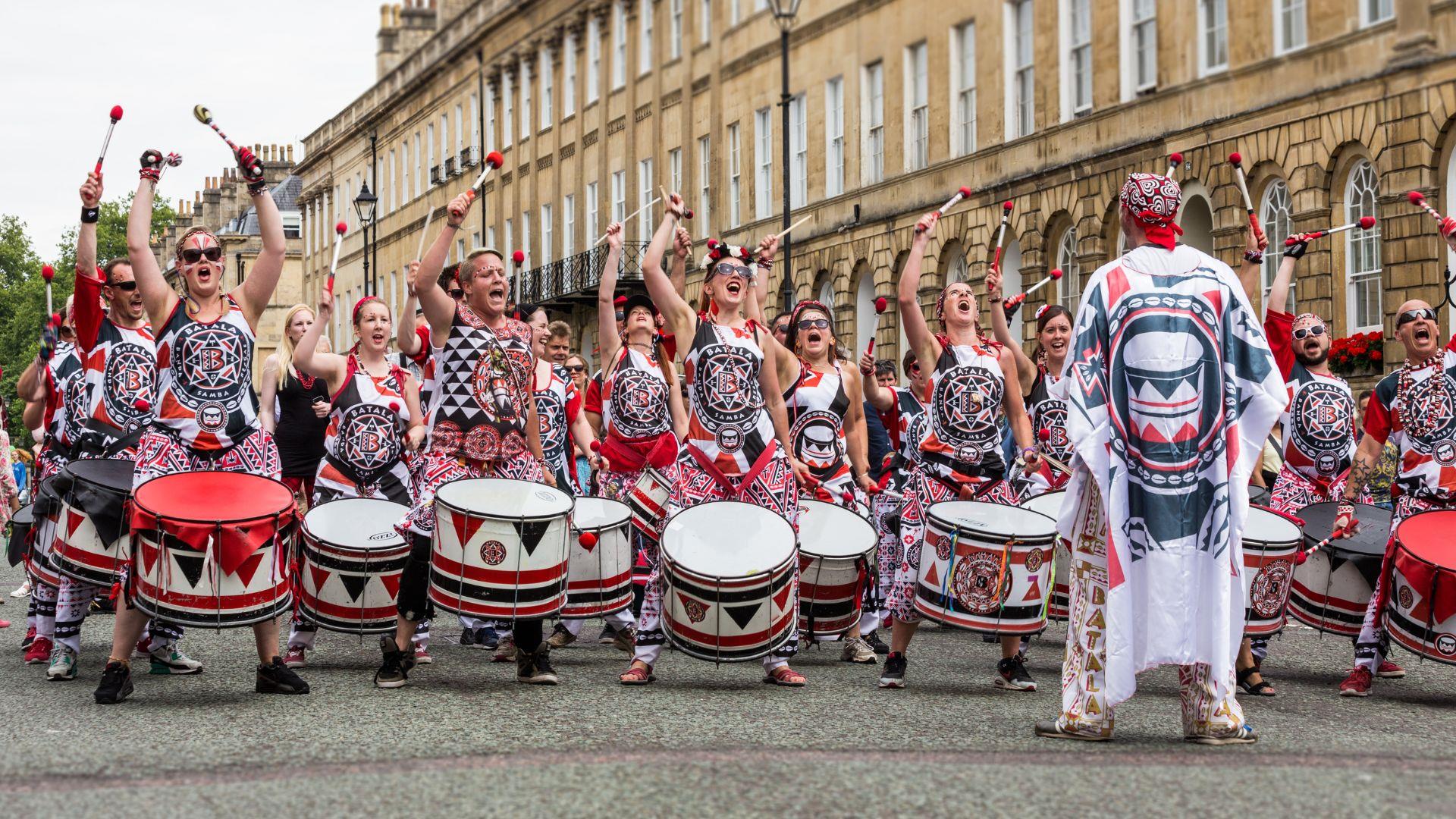 Bath Carnival drummers on Great Pulteney Street