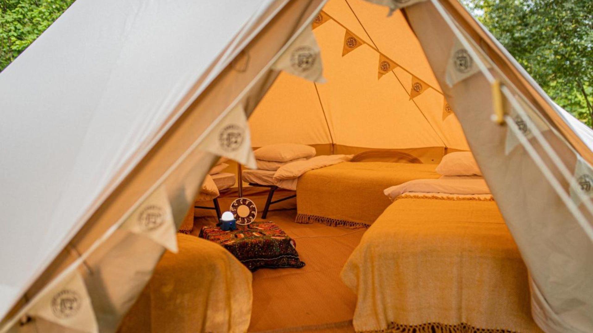 Open bell tent at Farrington's Family Glamping