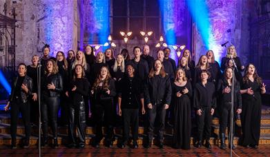 Large choir performing in a historic church, dressed in black and singing under blue and purple stage lighting. 
