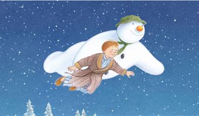 Illustration of a snowman flying with a boy