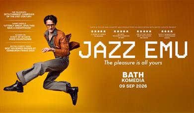 Promotional poster for Jazz Emu's The Pleasure Is All Yours at Komedia Bath, 9 Sep 2026, featuring him mid-jump on an orange background.
