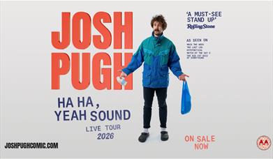 Promo poster for Josh Pugh's Ha Ha, Yeah Sound Live Tour 2026, featuring holding a milk bottle and a shopping bag against a white background.