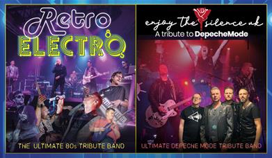 Split poster showing two live tribute bands on stage: Retro Electro on the left and Enjoy The Silence UK on the right, with bold neon-style text and c