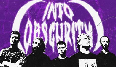 Five-piece band portrait with purple background and "Into Obscurity" logo. 