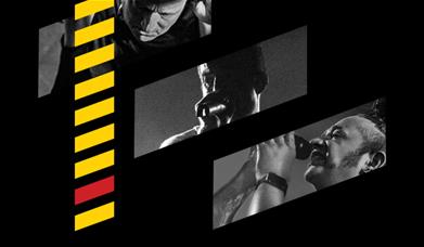 Black-and-white photos of musicians performing live, arranged in diagonal panels with bold yellow and red graphics stripes on a black background.