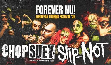 Grunge-style poster for FOREVER NU! 2026 tour featuring masked performers and Chop Suey/ Slip-Not