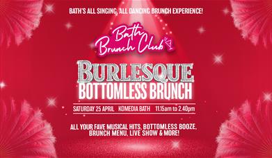 Red promotional poster for Bath Brunch Club's Burlesque Bottomless Brunch, with glittering text, feather details, and event information.