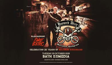 Hayseed Dixie band poster in a rustic bar setting, with support Sweet Electric and Bath Komedia show details.