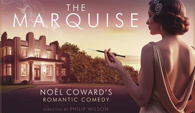 A woman in 1930 style clothing and hair, stands outside a large home, with a cigarette in hand.