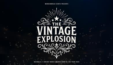 Dark promotional graphic for The Vintage Explosion, featuring ornate white typography, stars, and decorative flourishes against a dark music venue bac