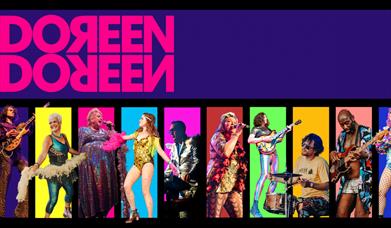Doreen Doreen poster with bright pink title and colourful line-up of performers in vertical panels.