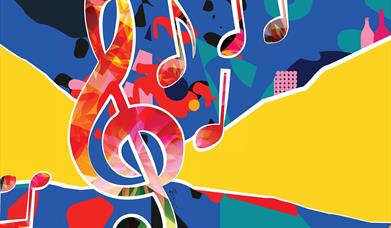 A selection of colourful musical notes on a blue and yellow background