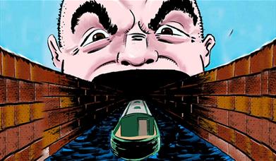 An illustration of an angry oversized head swallowing a boat as the canal water floats it into his mouth