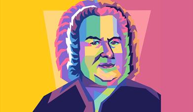 A stylised image of a purple man with a wig on a pink and yellow background