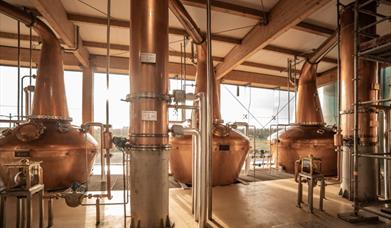 A piture of copper whiskey stills at boanne distillery. 