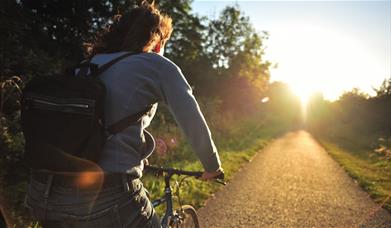 A person cycling on a cycle path at sunset