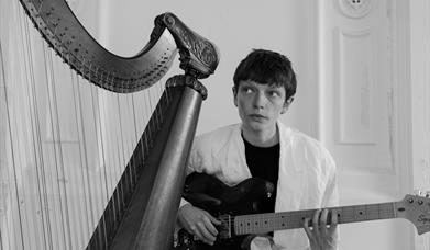 Woman playing an electric guitar, sitting next to a harp.