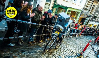 A person dressed as a robot riding up Catherine Hill in Frome  in the Cobble Wobble