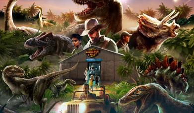 Artist drawing of a TRex and the dinosaur valley research lab building