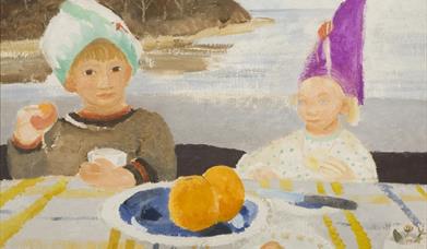 A painting of two children eating by the sea