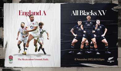 A poster featuring the England A & All Blacks XV men's rugby teams, promoting a match at The Recreation Ground in Bath. 