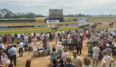 A group of people cheering and enjoying the 2025 Charity Race Day at Bath Racecourse, with a blue sunny sky.