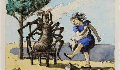 Etching of a girl next to a giant spider