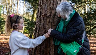 young girl and woman lean against tree trunk touching the tree bark