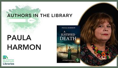 Photo of auburn haired woman, author Paula Harmon, alongside a book cover 'a Justified Death' showing a Victorian woman in London.