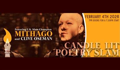 Image alt text: an orange, brown and yellow poster featuring a tattooed person wearing many chains and safety pins as a necklace with a bald head is g