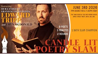 Brown and yellow poster with a yellow border featuring a startled looking dark haired man wearing black clothes and a high collar hold