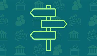 An icon of a signpost, in front of other smaller icons representing politics, government and people