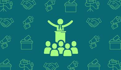 Icon of person giving a speech at a lectern in front of a crowd. There are other icons representing media and politics in the background.