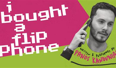 A man holds a flip phone, with the title of the show overlayed. 