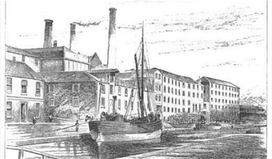 An drawing of the old port dundas distillery on the banks of the river clyde. The distillery is a lot of old large buildings and the picture is from t