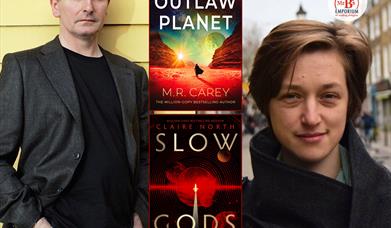 M.R Carey and Clair North with the cover of their books