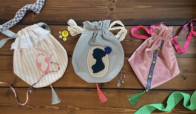 3 decorated reticules plus haberdashery items