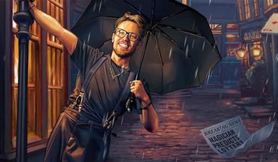  illustration of magician James Phelan, he is holding an umbrella and dancing in the rain. 